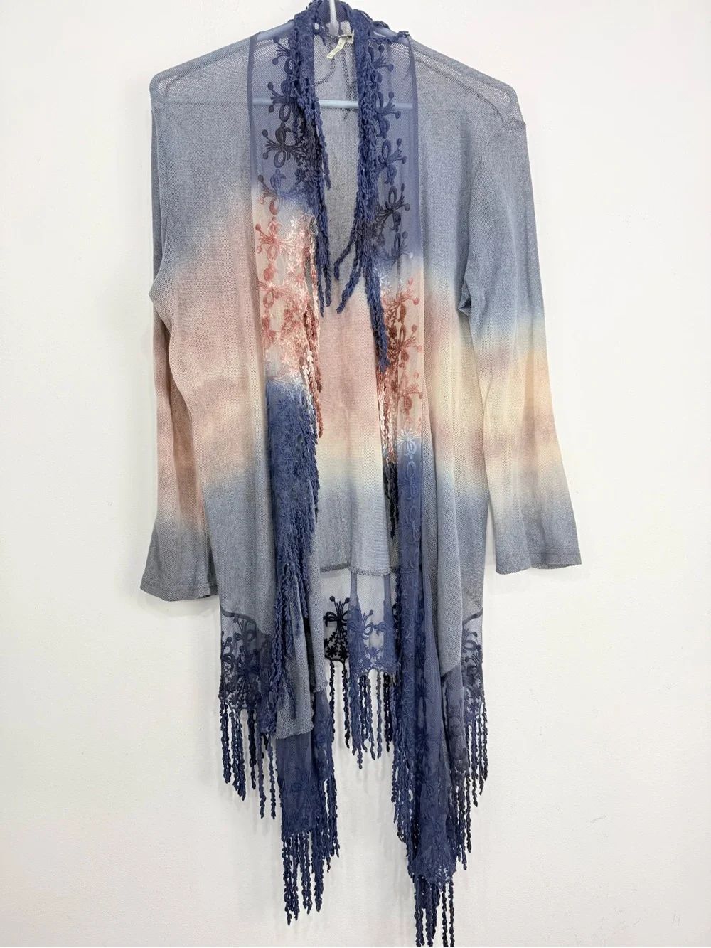 Gimmicks by BKE Blue Mauve Tie Dye Mesh Knit Lace Fringe Boho Cardigan Sweater